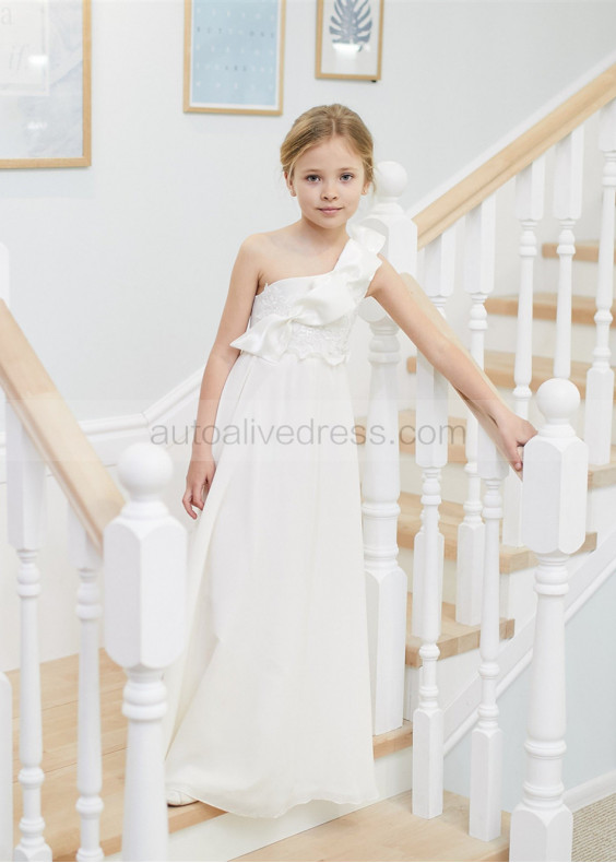 One Shoulder Ivory Lace Chiffon Corset Back Flower Girl Dress
